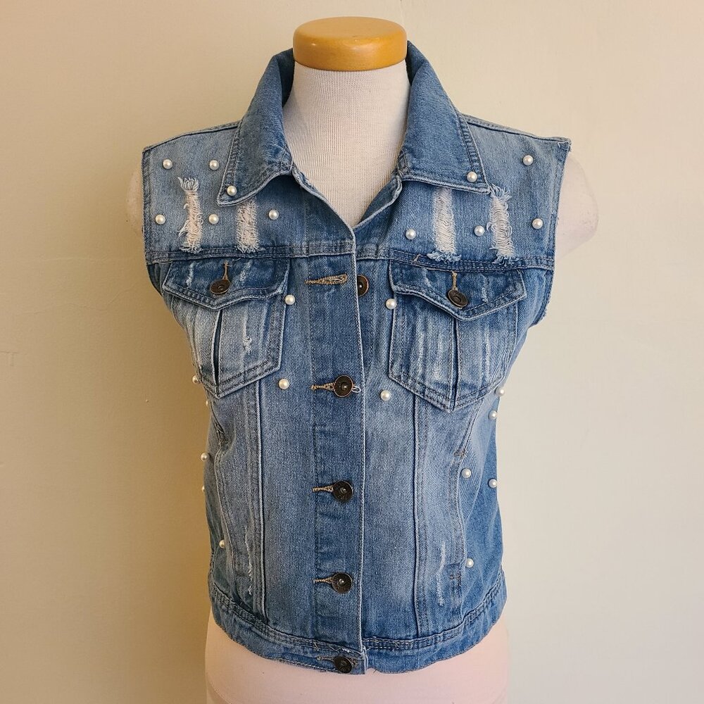 Live a Little Y2K Pearl and Lace Distressed Denim Vest
